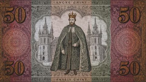 Regal king in period attire on antique banknote design