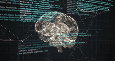 Floating translucent 3D brain hologram pulsing neural pathways over code grid visualization