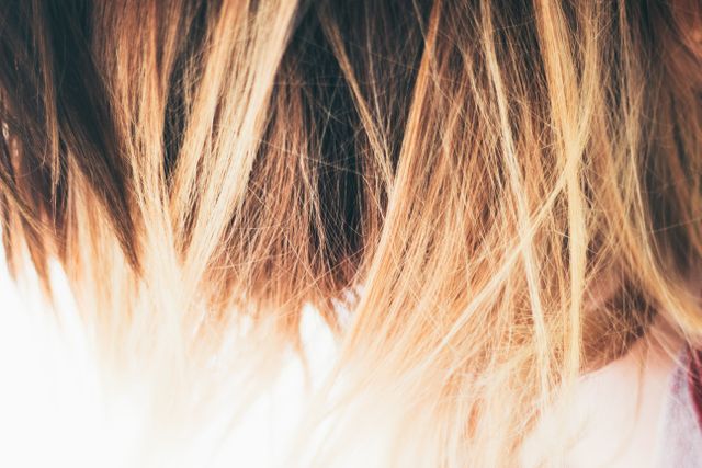 Close-up view of woman's hair with a mix of blonde and brown colors showing detailed texture. Ideal for use in beauty and hair care promotions, ads highlighting hair products, or aesthetics of hair textures. Perfect for illustrating concepts of hair coloring, styling, and natural beauty.