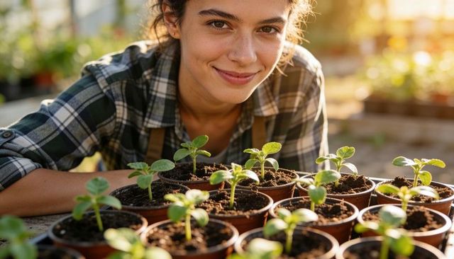 Smiling gardener tending seedling pots in sunlit greenhouse for urban propagation