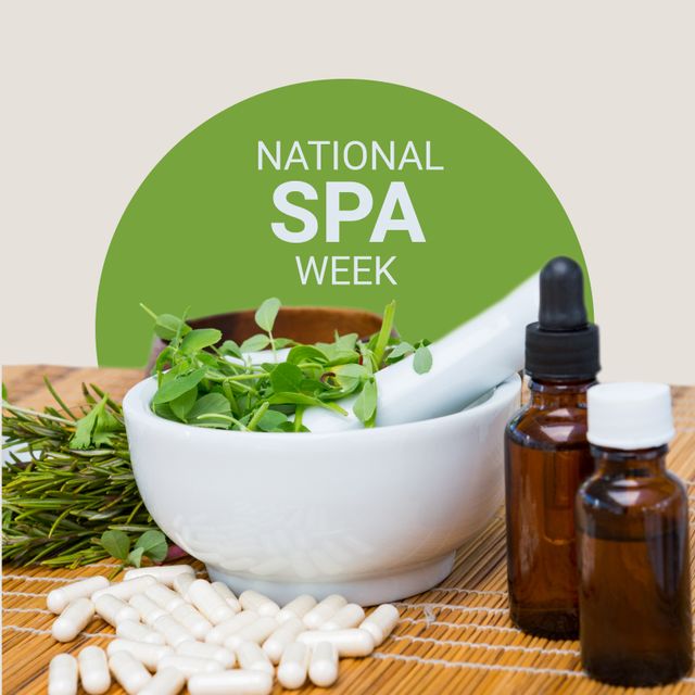 Composition of national spa week text over plants, oils and pills. National spa week and celebration concept digitally generated image.