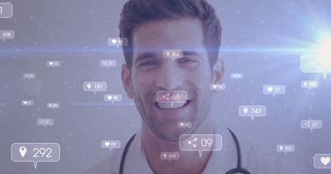 Smiling Doctor Embracing Technology with Digital Health Icons