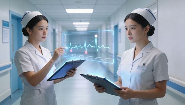 Two nurses pointing at holographic ecg display while collaborating with digital clipboards