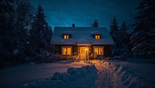 Snow-covered cottage at night with warm amber glow, starry sky and snowy footpath