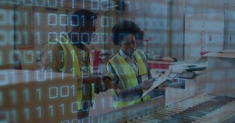 Warehouse Team Inspecting Conveyor Line with Binary Code Overlay