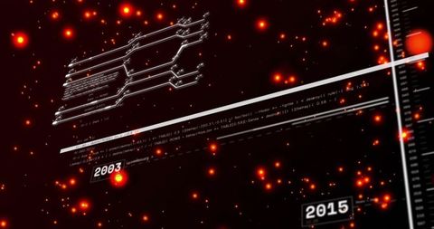 Displaying holographic timeline ui visualizing code flow, network schematic and neon data particles