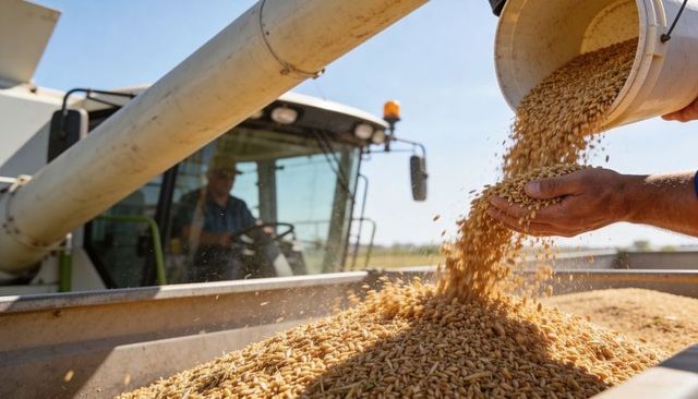 Pouring wheat into trailer from bucket during harvest with combine operator in cab