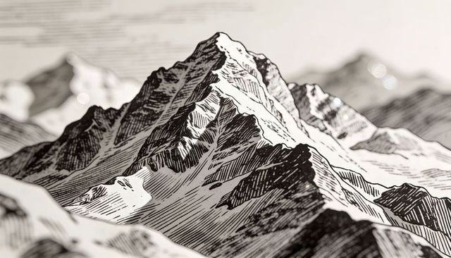 Ink-etched jagged mountain peak soaring over alpine ridges monochrome engraving artwork