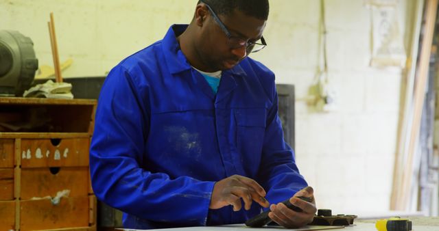 This scene captures an industrial worker in blue overalls, concentrated on using a calculator in a workshop. Useful for illustrating concepts related to manufacturing, engineering efficiency, labor skills, or precision work. Ideal for publications or content focused on industry-specific themes or depicting occupational tasks in foundries.