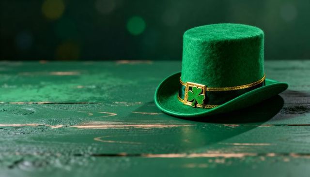 Green Leprechaun Top Hat with Gold Shamrock Buckle on Rustic Painted Wood Surface