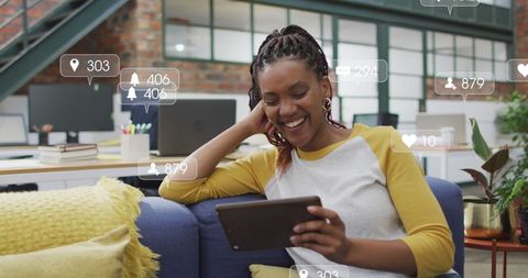 Businesswoman Analyzing Social Media Engagement Digital Office