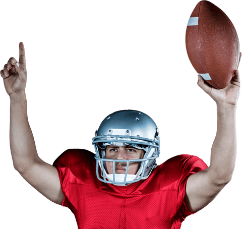 Triumphant american football player raising arms with ball transparent