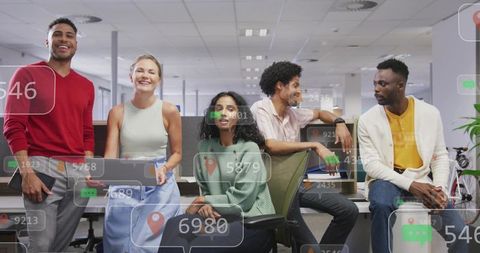 Diverse team collaborating in modern open-plan office with digital data overlays