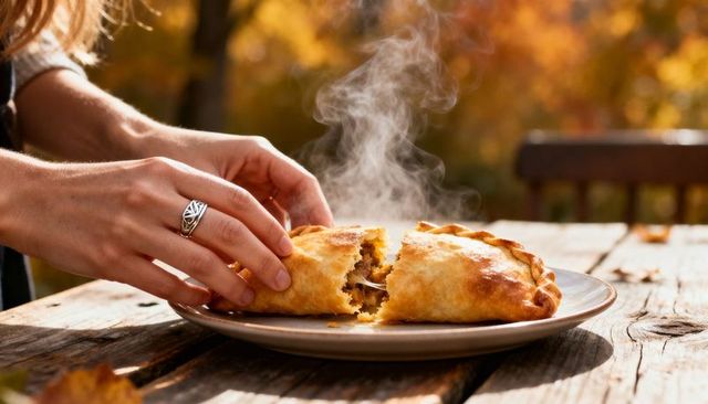 Pulling open steaming hand pie on rustic wooden picnic table with autumn bokeh