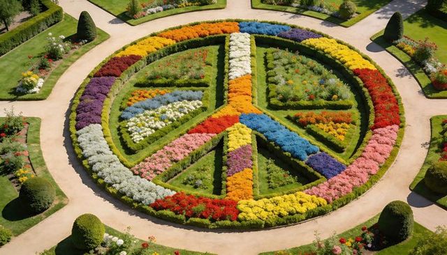 Aerial symphony of colorful beds forming peace symbol in formal geometric garden
