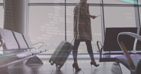 Businesswoman at Airport with Digital Data Overlay