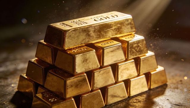 Stacked gold bars pyramid reflecting light with bullion stamps for wealth and investment