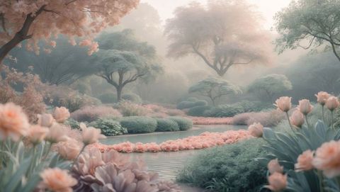 Serene pastel garden landscape with curved floral band, garden of eden concept