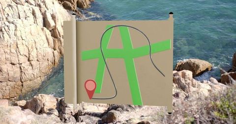 Rolled parchment map with green routes and red pin overlaying rocky turquoise coastline