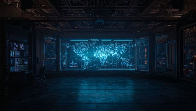 Futuristic Command Center with Holographic World Map Display