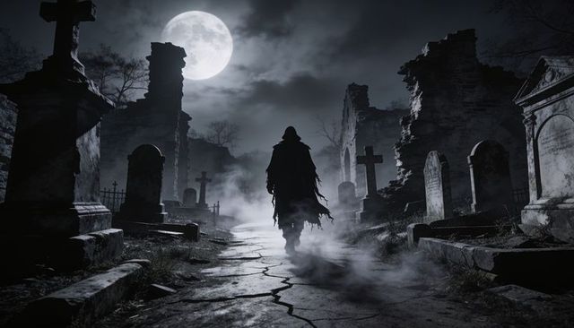 Moonlit cemetery silhouette: cloaked figure walking through foggy ruins under full moon