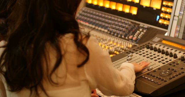 Person seen adjusting audio levels on control panel in recording studio. Ideal for articles, advertisements, or websites focusing on music production, audio engineering tutorials, behind-the-scenes operations in the music industry, and audio technology. Perfect visual for illustrating technical careers in sound and broadcasting.