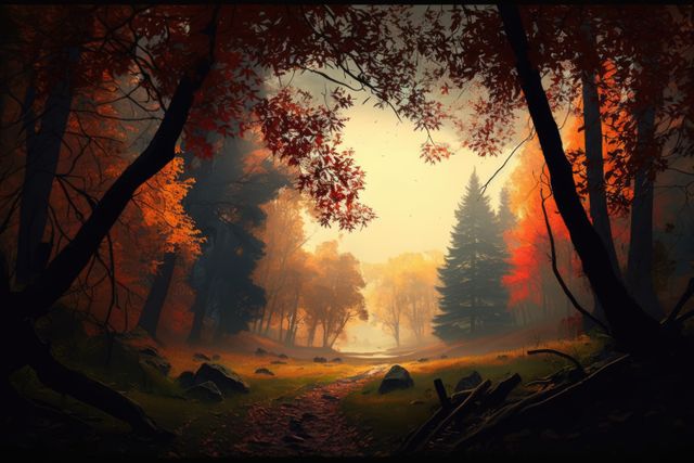 Perfect for use in seasonal promotions, nature-themed publications, calming backgrounds, and outdoor adventure marketing material. Displays the beauty of the autumn season with a forest path illuminated by dawn light, ideal for evoking a sense of peace and tranquility.
