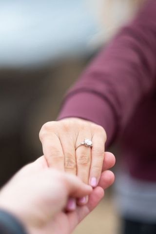 Engagement Couple Holding Hands Showing Ring Outdoor Close-Up