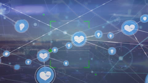 Digital Icons and Network Animation Over Cityscape