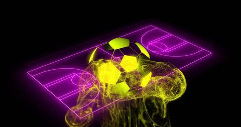 Futuristic Neon Soccer Ball Hovering Over Digital Sports Court