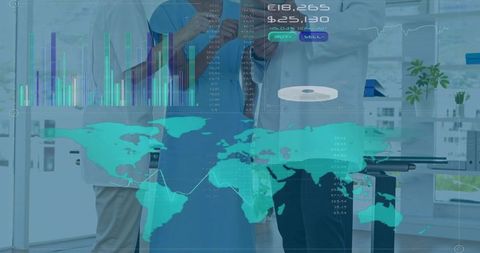 Professionals Analyzing Global Data with Digital Devices in Office