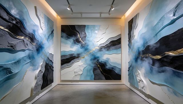 Turquoise black gold abstract triptych with metallic veins and layered texture