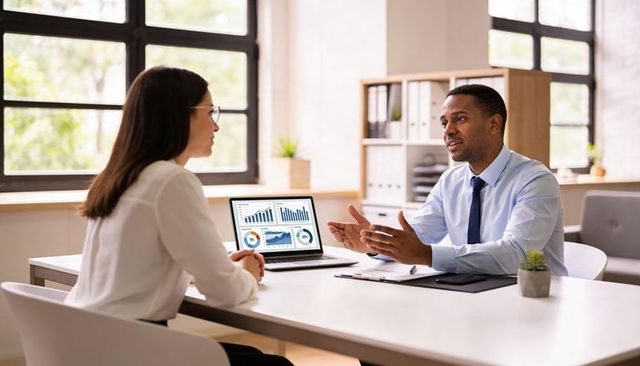 Colleagues Discussing Business Analytics and Growth Charts in Modern Office