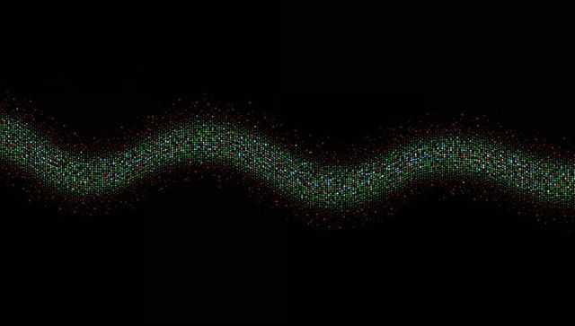 Flowing sinuous particle ribbon with green cyan pixels and red specks on dark background