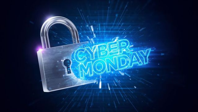 Featuring metallic padlock and glowing neon Cyber Monday text with digital security burst