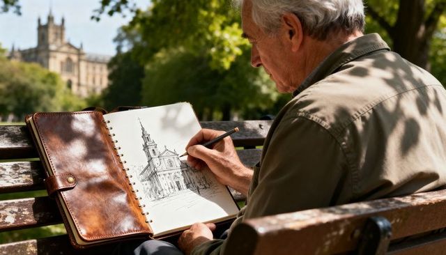 Senior sketching historic church facade on park bench with sketchbook, pencil drawing outdoors