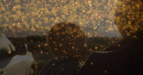 Mother holding baby at sunset with golden bokeh effects