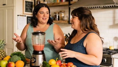 Happy friends blending fruit smoothie and chatting at kitchen island