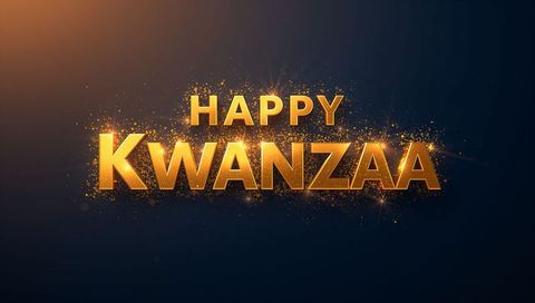 Golden Happy Kwanzaa Text Radiating Sparkling Glow on Deep Navy Background