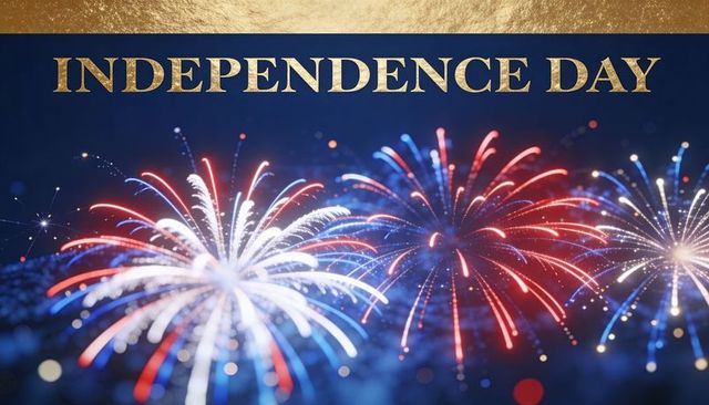 Independence day fireworks lighting red white blue sky gold banner bokeh night celebration
