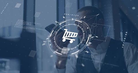 Businessman calling while holding phone with e-commerce shopping cart hud overlay