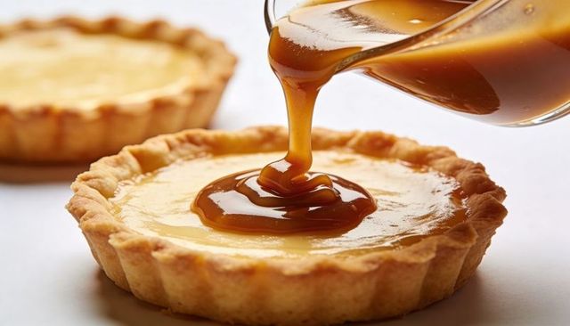 Glossy caramel pouring over fluted custard tartlet close-up for dessert menu and bakery