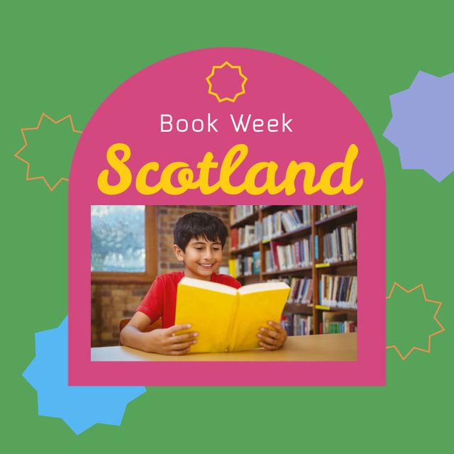 Composition of book week scotland text with biracial boy reading book. Book week and celebration concept digitally generated image.