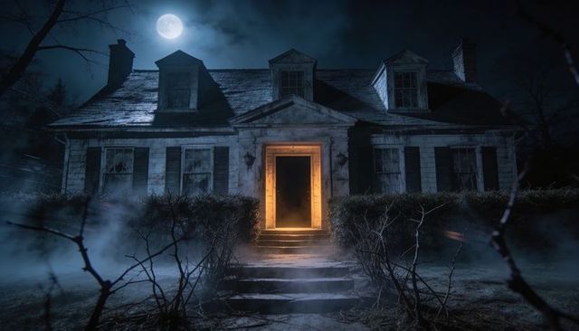 Moonlit dilapidated colonial manor looming in fog with glowing open doorway, haunting glow
