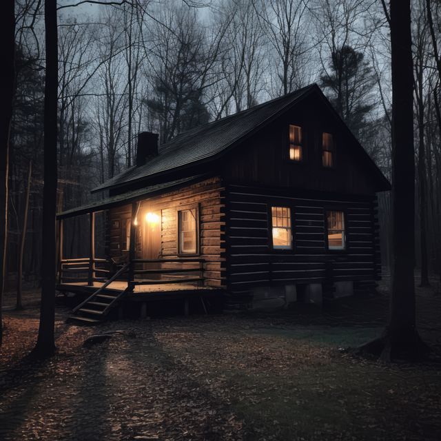 Wooden cabin in forest with lit windows at night, created using generative ai technology - Download Free Stock Photos Pikwizard.com
