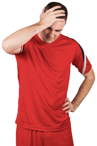 Transparent Disappointed Sportsman Clutching Head in Red Shirt