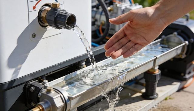 Technician hand testing water flow from pump spout into stainless steel trough pump station