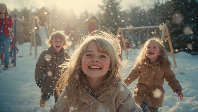 Joyful Children Playing in Snowy Winter Playground with Swings