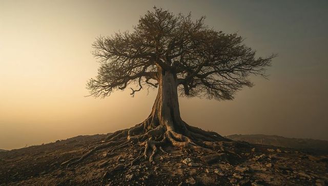 Solitary ancient tree with exposed roots on rocky ridge during golden hour