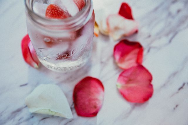 Refreshing drink with strawberry and ice in mason jar set on marble table with scattered rose petals. Ideal for illustrating drink recipes, summer refreshment concepts, or hydration themes in blogs, websites, or social media promotions.